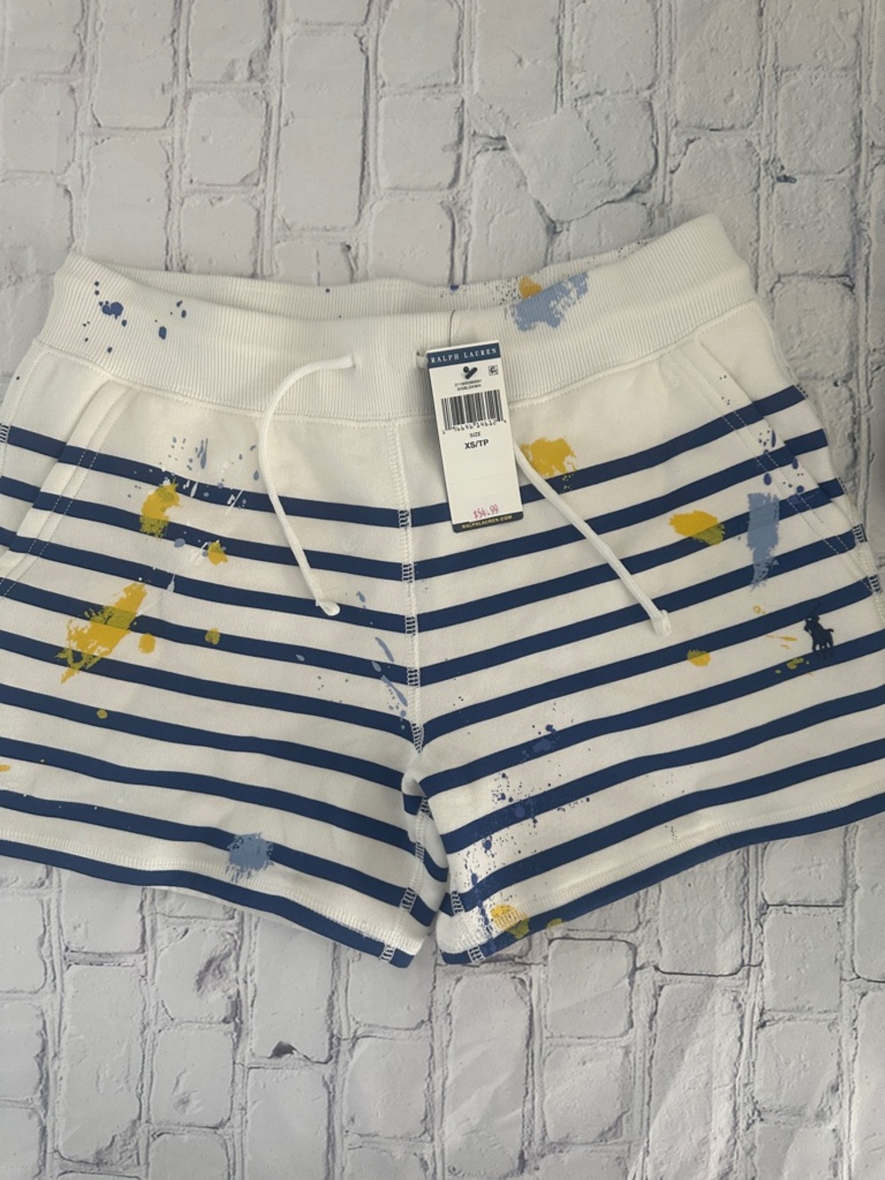 Ralph Lauren White Navy Striped Paint-Splatter Drawstring Shorts